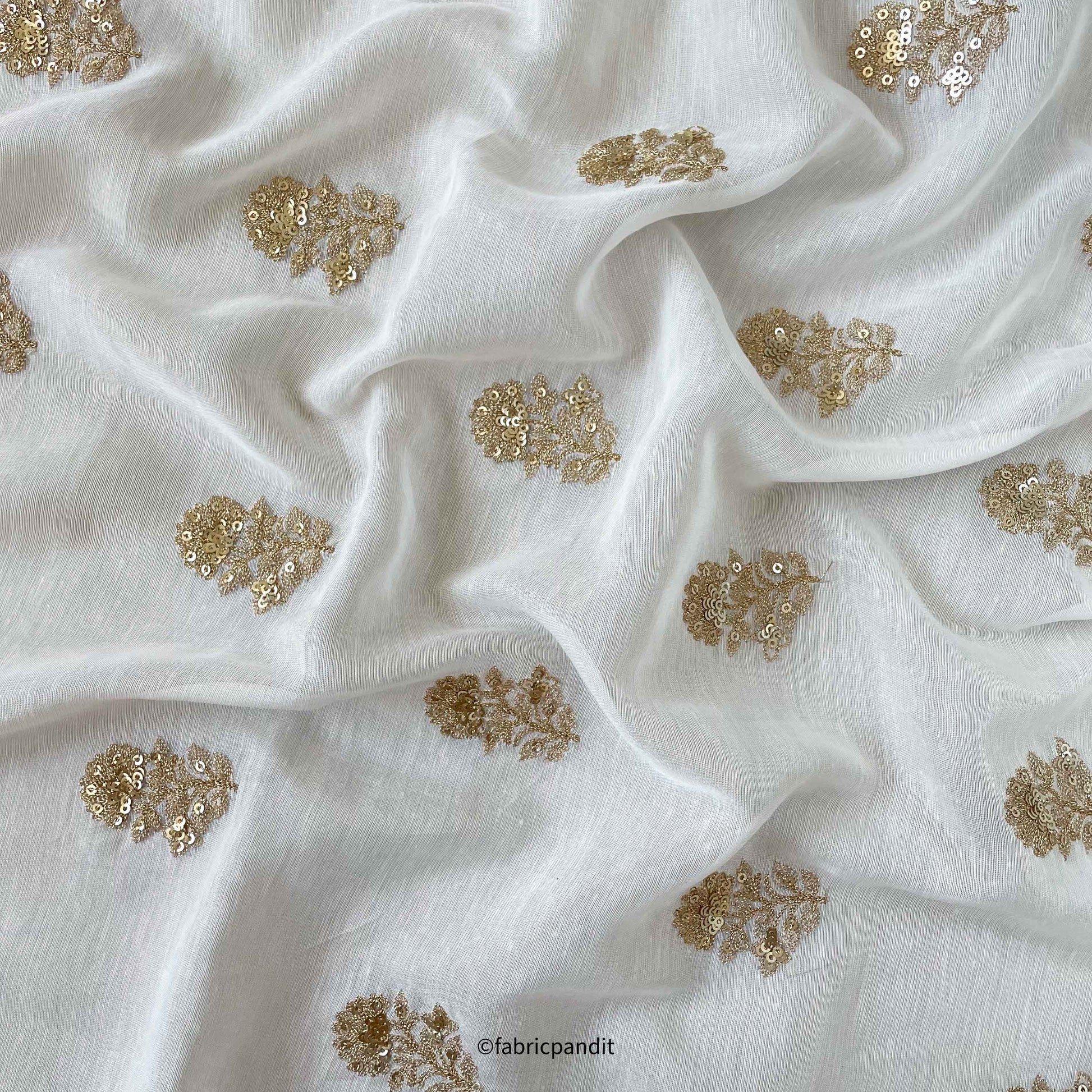 Fabric Pandit Fabric White Dyeable Golden Lily Embroidered Fine Chanderi Silk Fabric (Width 46 Inches)