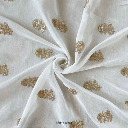 Fabric Pandit Fabric White Dyeable Golden Lily Embroidered Fine Chanderi Silk Fabric (Width 46 Inches)