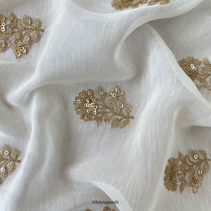 Fabric Pandit Fabric White Dyeable Golden Lily Embroidered Fine Chanderi Silk Fabric (Width 46 Inches)