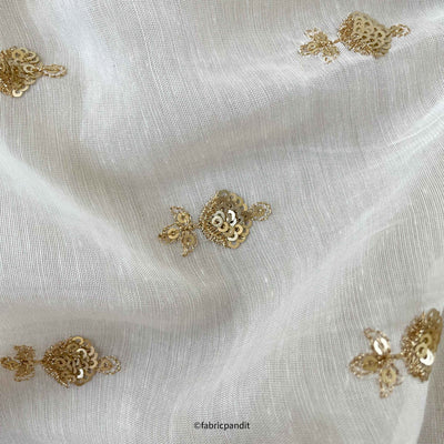 Fabric Pandit Fabric White Dyeable Golden Tulip Embroidered Fine Chanderi Silk Fabric (Width 46 Inches)