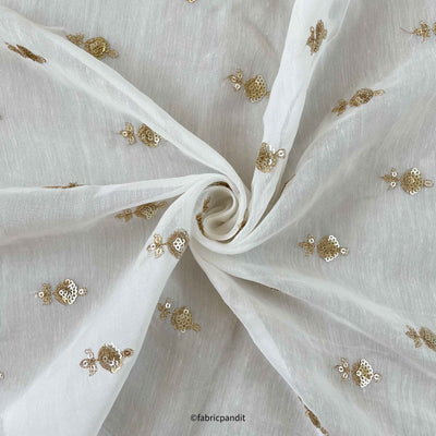 Fabric Pandit Fabric White Dyeable Golden Tulip Embroidered Fine Chanderi Silk Fabric (Width 46 Inches)