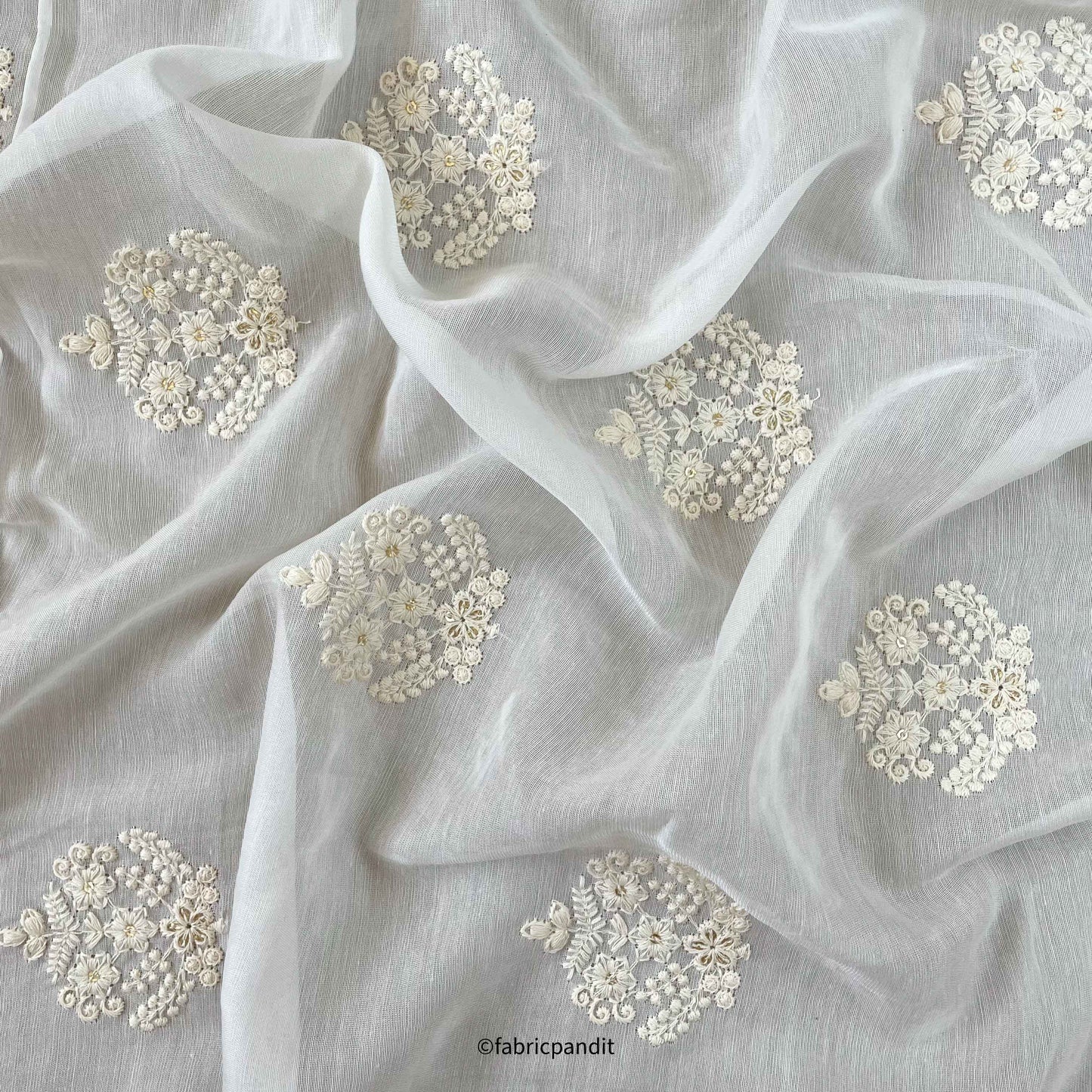 Fabric Pandit Fabric White Dyeable King of Flowers Embroidered Fine Chanderi Silk Fabric (Width 46 Inches)