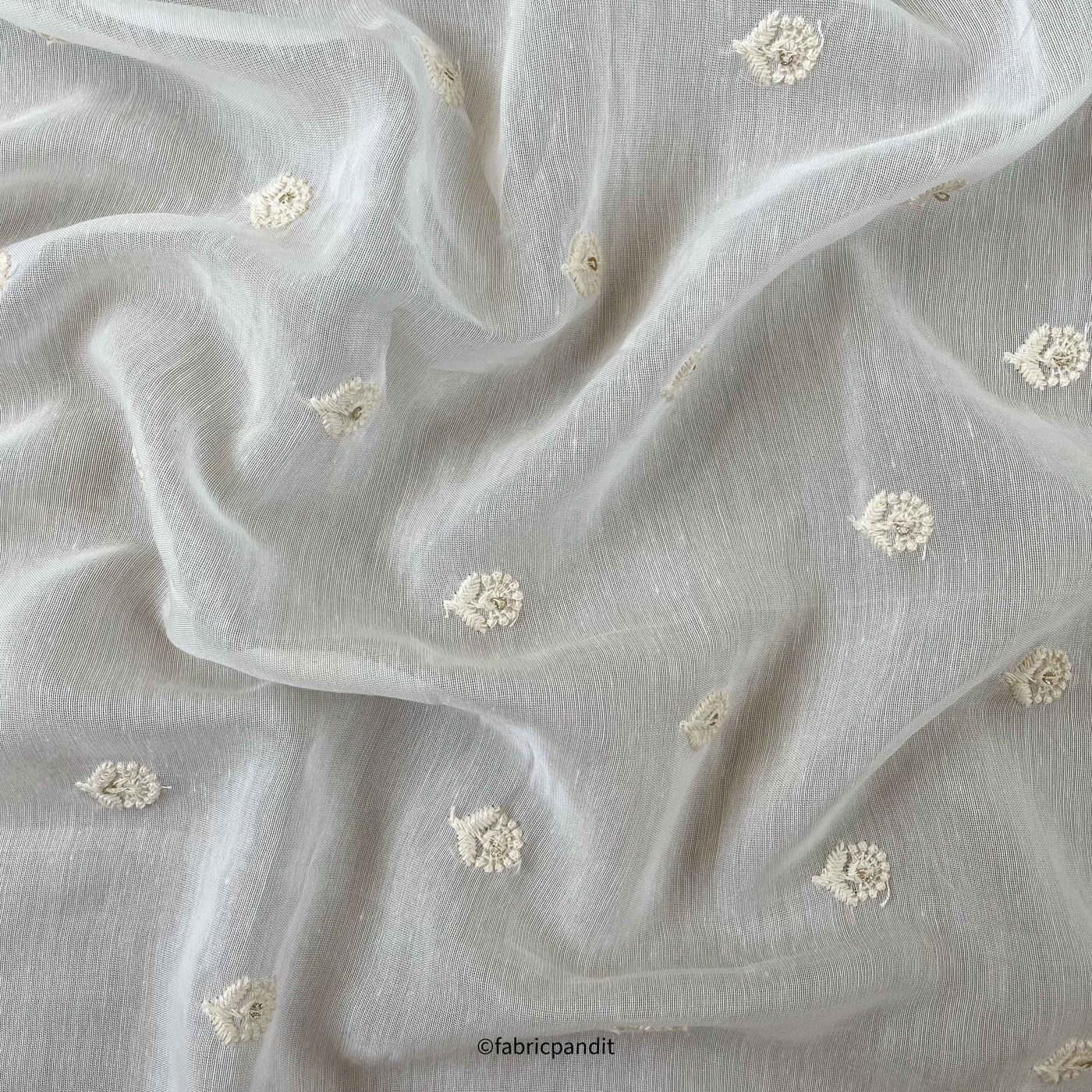 Fabric Pandit Fabric White Dyeable Mini Lavender Flower Embroidered Fine Chanderi Silk Fabric (Width 46 Inches)