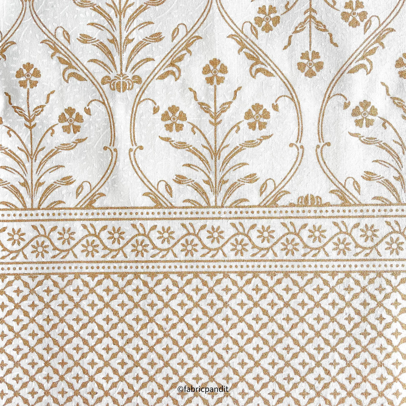 Fabric Pandit Fabric White & Gold Mughal Floral Hand Block Printed Pure Cotton Table Cover
