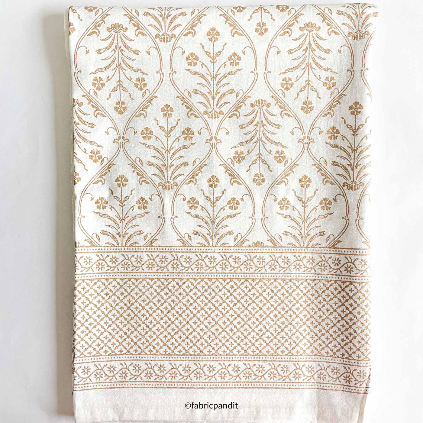 Fabric Pandit Fabric White & Gold Mughal Floral Hand Block Printed Pure Cotton Table Cover