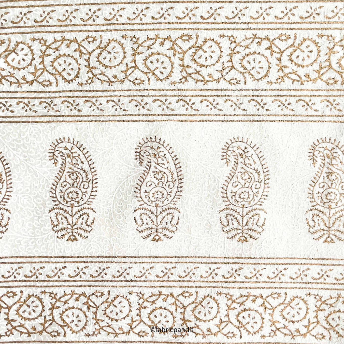 Fabric Pandit Fabric White & Gold Mughal Paisley Hand Block Printed Pure Cotton Table Cover