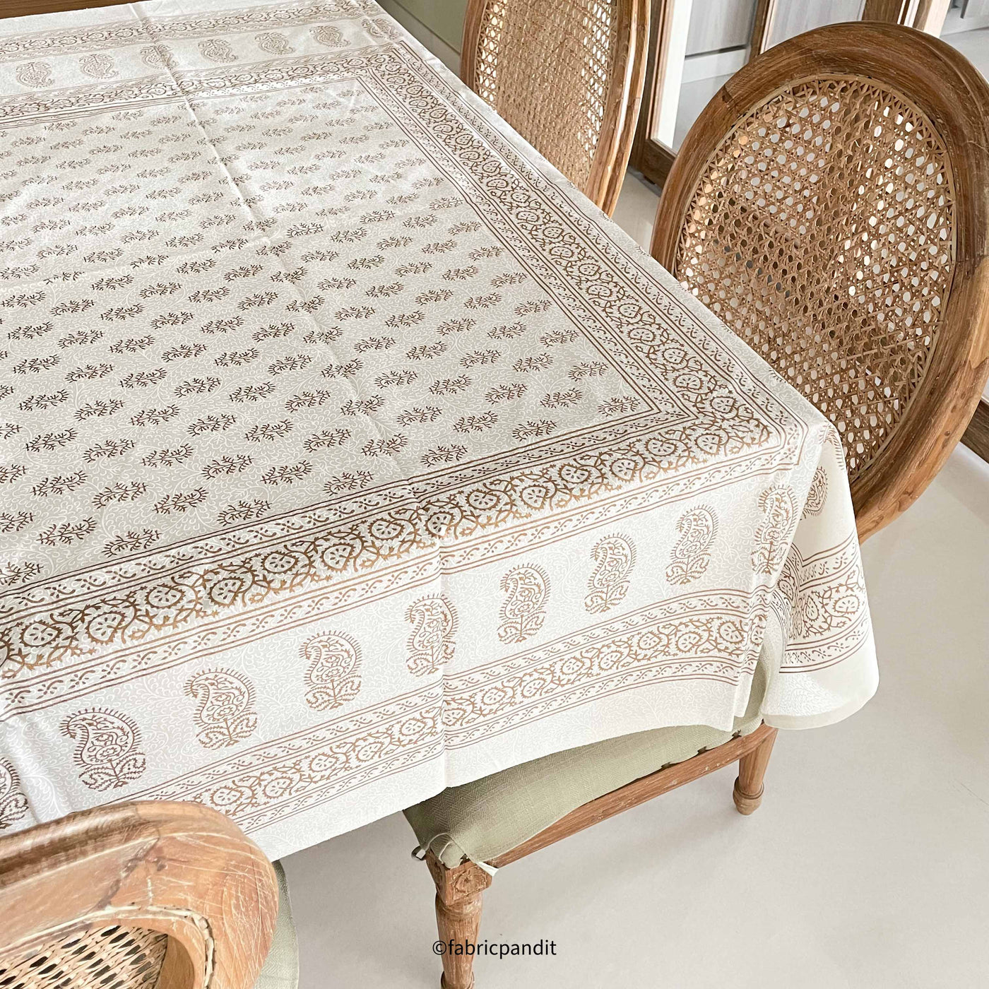 Fabric Pandit Fabric White & Gold Mughal Paisley Hand Block Printed Pure Cotton Table Cover