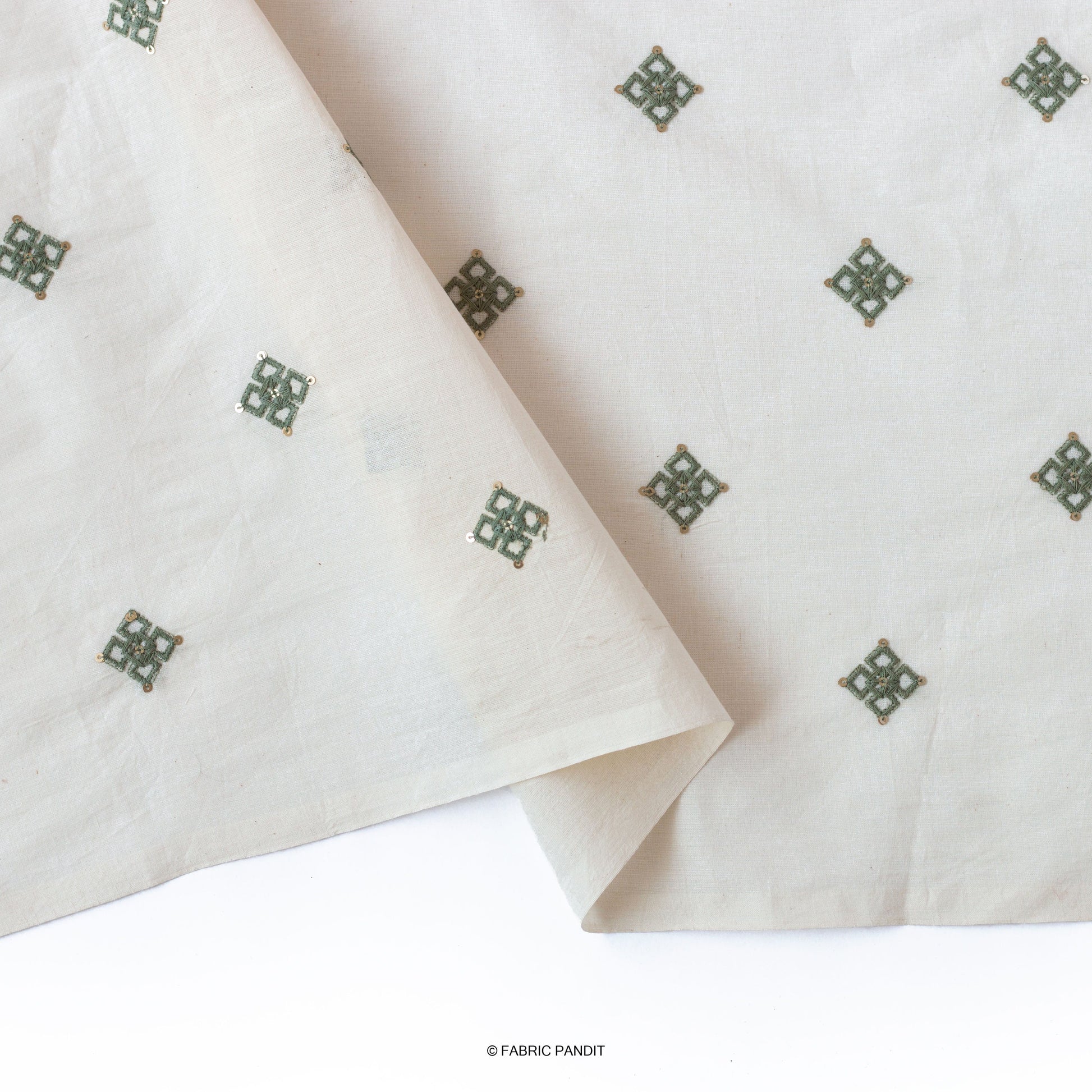 Fabric Pandit Fabric White & Green Embroidered Geometric Pure Cotton Fabric (Width 46 inches)