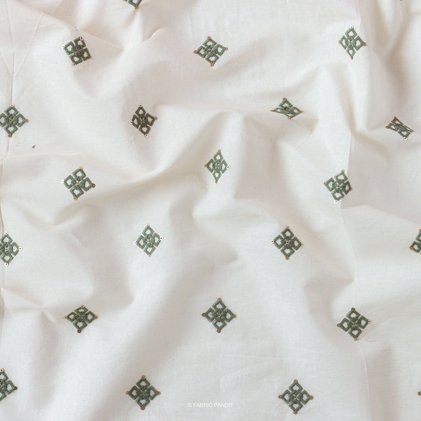 Fabric Pandit Fabric White & Green Embroidered Geometric Pure Cotton Fabric (Width 46 inches)