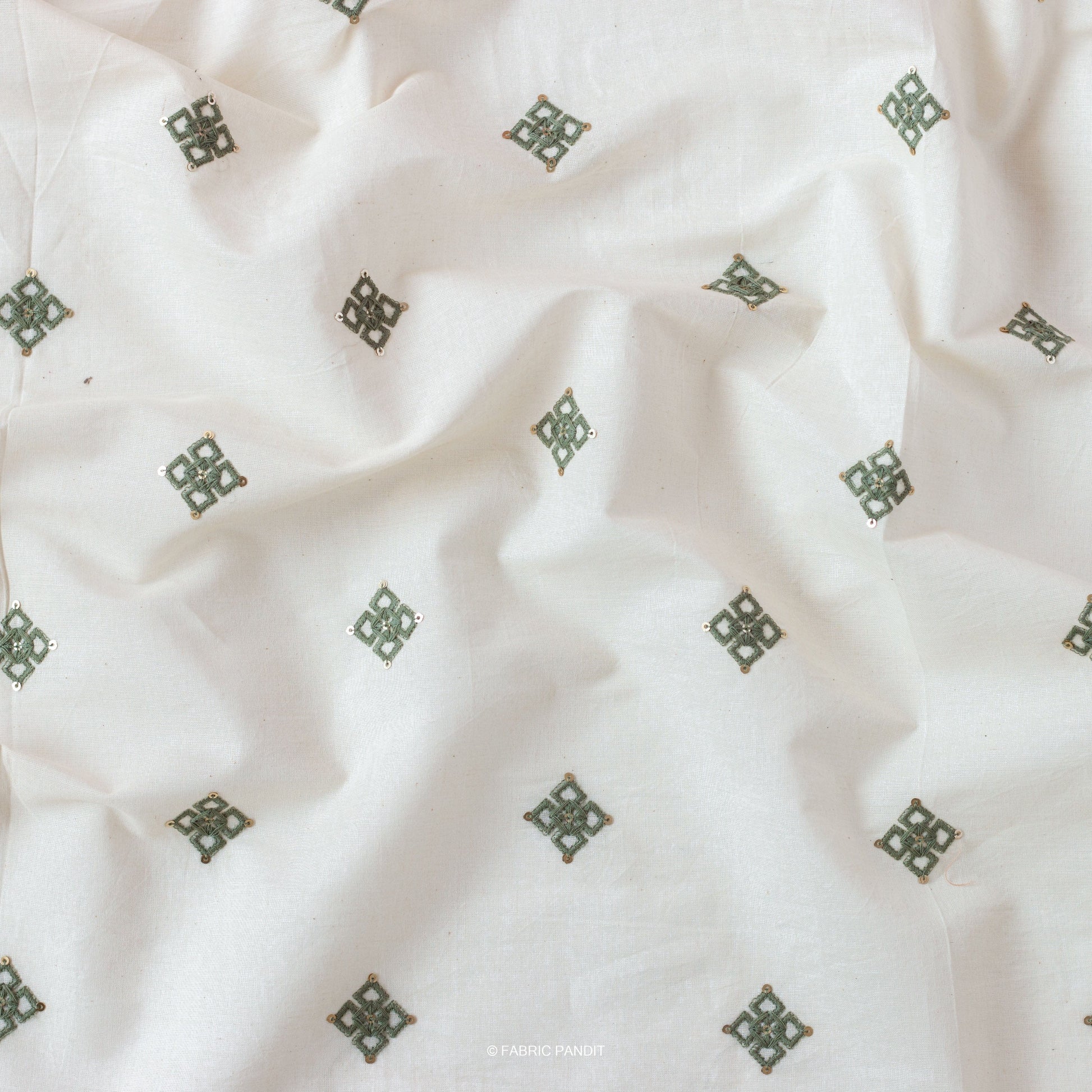 Fabric Pandit Fabric White & Green Embroidered Geometric Pure Cotton Fabric (Width 46 inches)