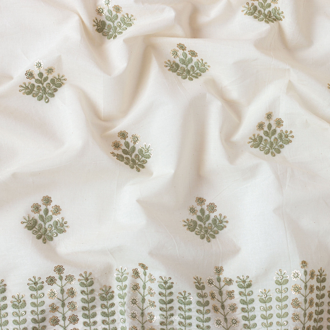 Fabric Pandit Fabric White & Light Green Embroidered Flower Garden Pure Cotton Fabric (Width 46 inches)