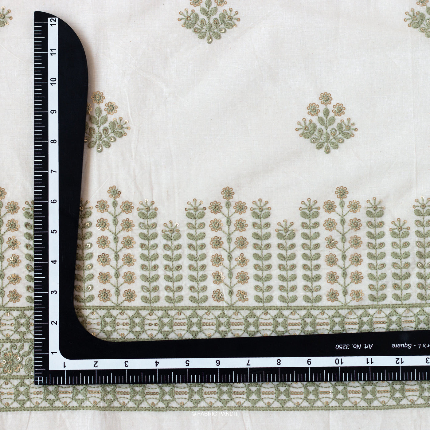 Fabric Pandit Fabric White & Light Green Embroidered Flower Garden Pure Cotton Fabric (Width 46 inches)