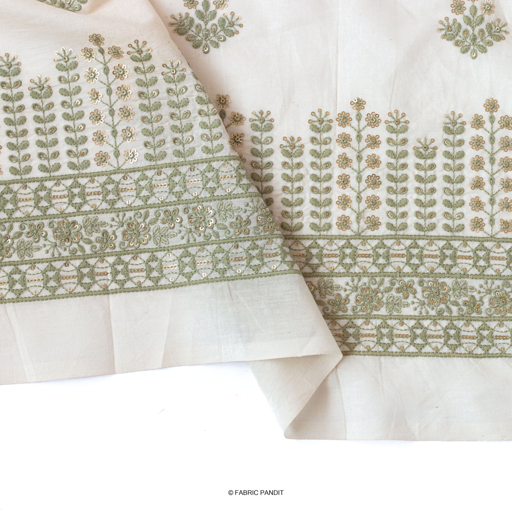 Fabric Pandit Fabric White & Light Green Embroidered Flower Garden Pure Cotton Fabric (Width 46 inches)