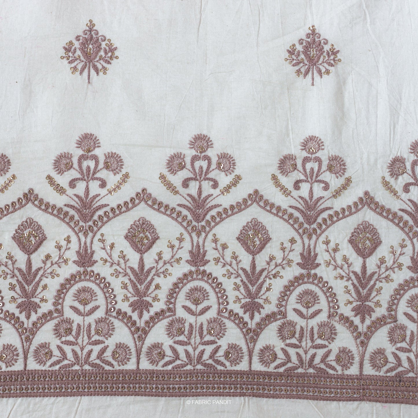 Fabric Pandit Fabric White & Lilac Embroidered Mughal Floral Pure Cotton Fabric (Width 46 inches)