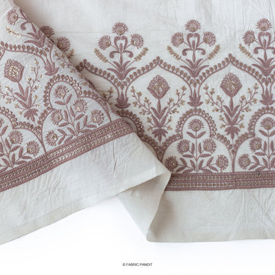 Fabric Pandit Fabric White & Lilac Embroidered Mughal Floral Pure Cotton Fabric (Width 46 inches)