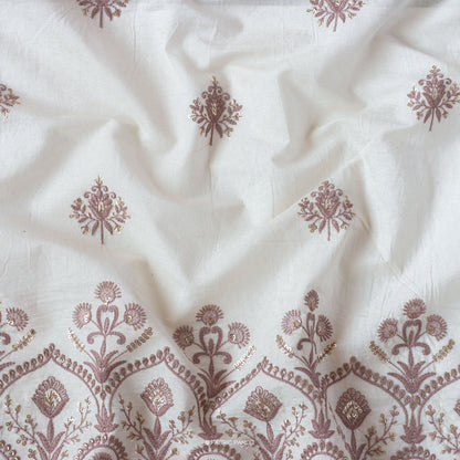 Fabric Pandit Fabric White & Lilac Embroidered Mughal Floral Pure Cotton Fabric (Width 46 inches)