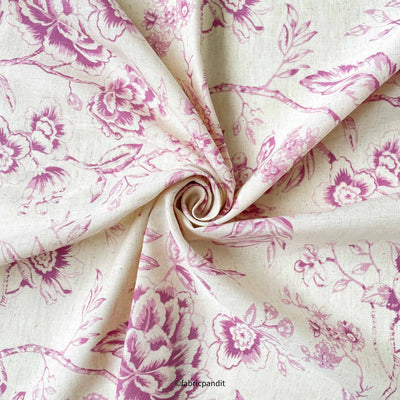 Fabric Pandit Fabric White & Lilacs Chamomiles & Roses Hand Block Printed Pure Cotton Linen Fabric (Width 42 inches)