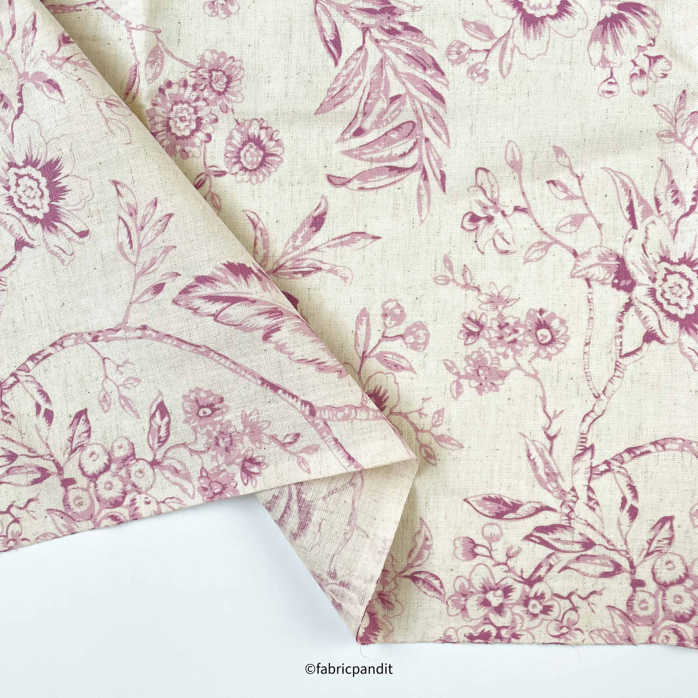 Fabric Pandit Fabric White & Lilacs Chamomiles & Roses Hand Block Printed Pure Cotton Linen Fabric (Width 42 inches)