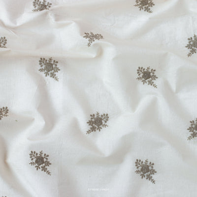 Fabric Pandit Fabric White & Olive Green Embroidered Flower Bunch Pure Cotton Fabric (Width 46 inches)