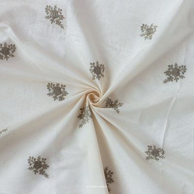 Fabric Pandit Fabric White & Olive Green Embroidered Flower Bunch Pure Cotton Fabric (Width 46 inches)