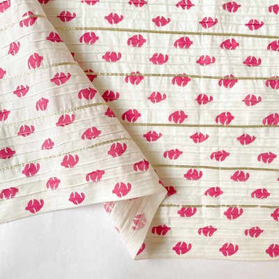 Fabric Pandit Fabric White & Pink Paisely Hand Block Printed Pintucks Pure Cotton Fabric (Width 36 Inches)