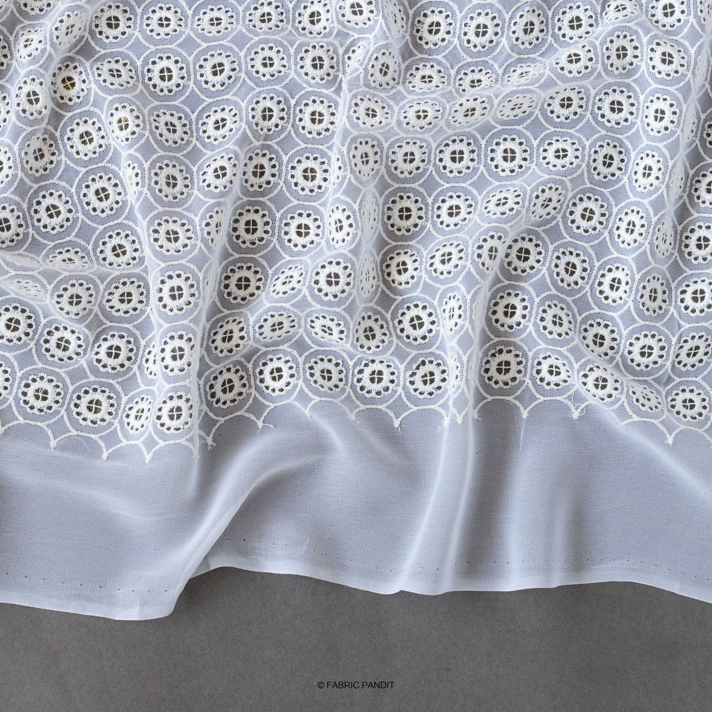 Fabric Pandit Fabric White Schifili Embroidered All Over Floral Borer Pattern Pure Georgette Fabric (Width 41 inches)