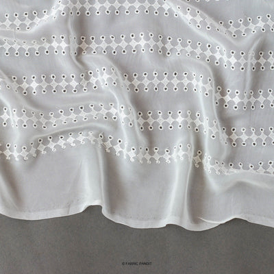 Fabric Pandit Fabric White Schifili Embroidered Diamond Stripes Borer Pattern Pure Georgette Fabric (Width 44 inches)