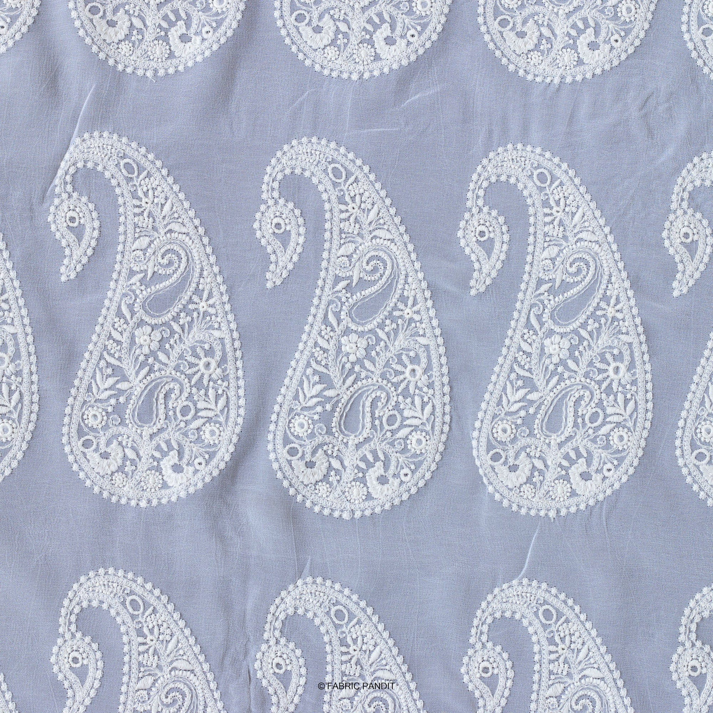 Fabric Pandit Fabric White Schifili Embroidered Shahi Paisely Pattern Pure Georgette Fabric (Width 44 inches)