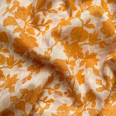 Fabric Pandit Fabric Women's Beige & Dusty Yellow Pomegranate Garden | Hand Block Printed Pure Mul Cotton Kurta Fabric (2.5 meters) | And Cotton Pyjama (2.5 meters) | Unstitched Combo Set