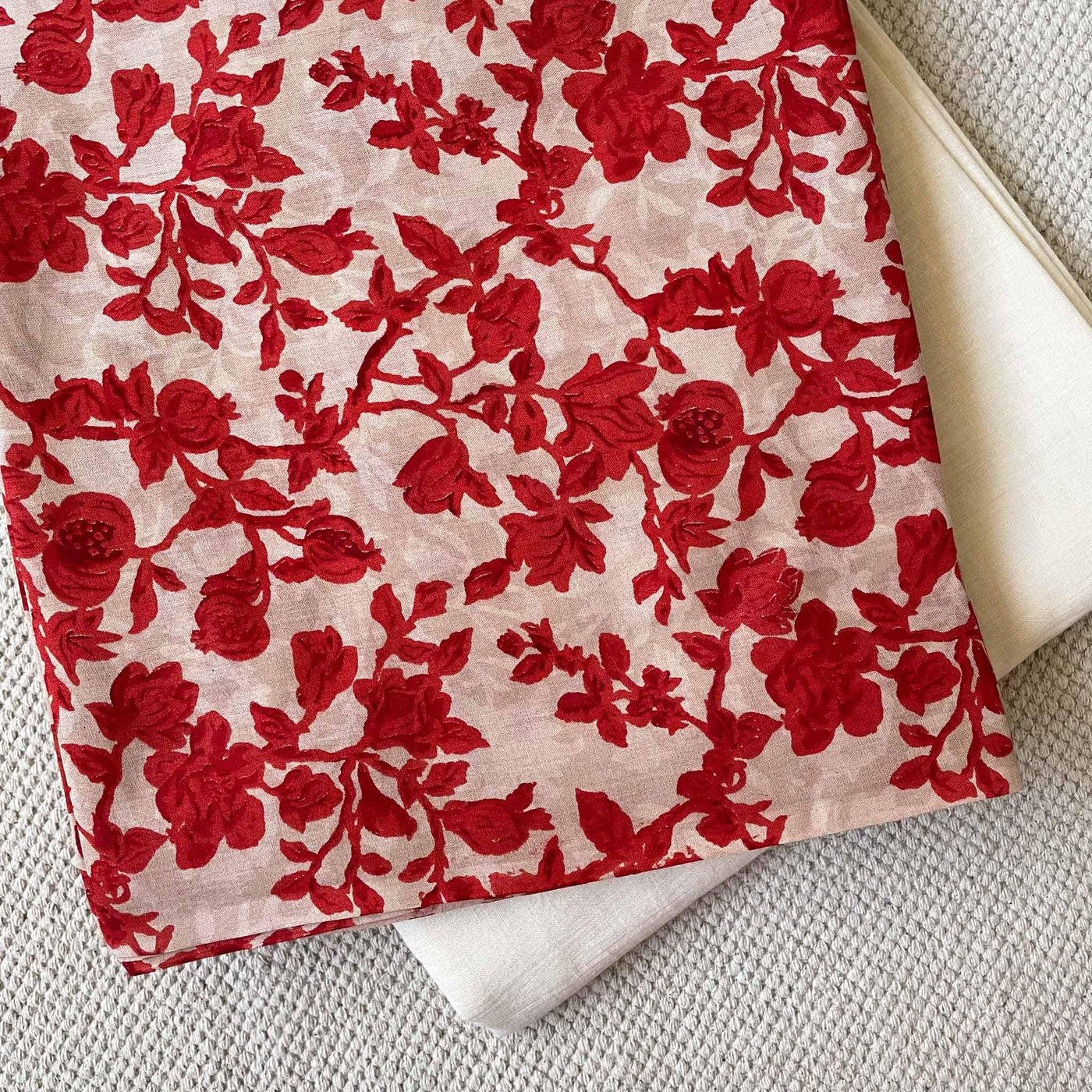 Fabric Pandit Fabric Women's Beige & Maroon Pomegranate Garden | Hand Block Printed Pure Mul Cotton Kurta Fabric (2.5 meters) | And Cotton Pyjama (2.5 meters) | Unstitched Combo Set