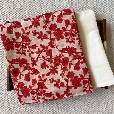 Fabric Pandit Fabric Women's Beige & Maroon Pomegranate Garden | Hand Block Printed Pure Mul Cotton Kurta Fabric (2.5 meters) | And Cotton Pyjama (2.5 meters) | Unstitched Combo Set