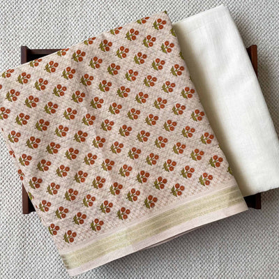 Fabric Pandit Fabric Women's Soft Gold & Orange Sunflower Bunch | Hand Block Printed Pure Cotton Denting Kurta Fabric (2.5 meters) | And Cotton Pyjama (2.5 meters) | Unstitched Combo Set