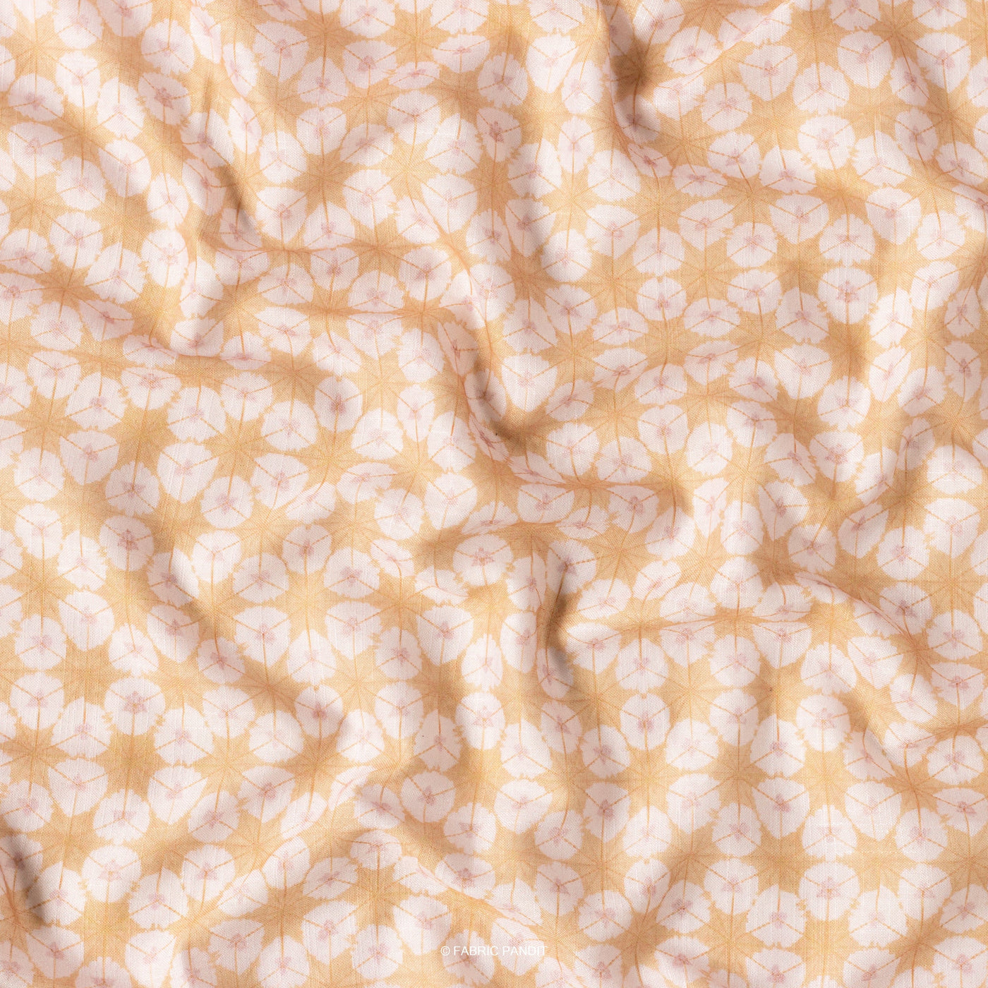 Fabric Pandit Fabric Yellow Orange And White Abstract Pattern Digital Printed Poly Linen Blend Slub Fabric (Width 44 Inches)