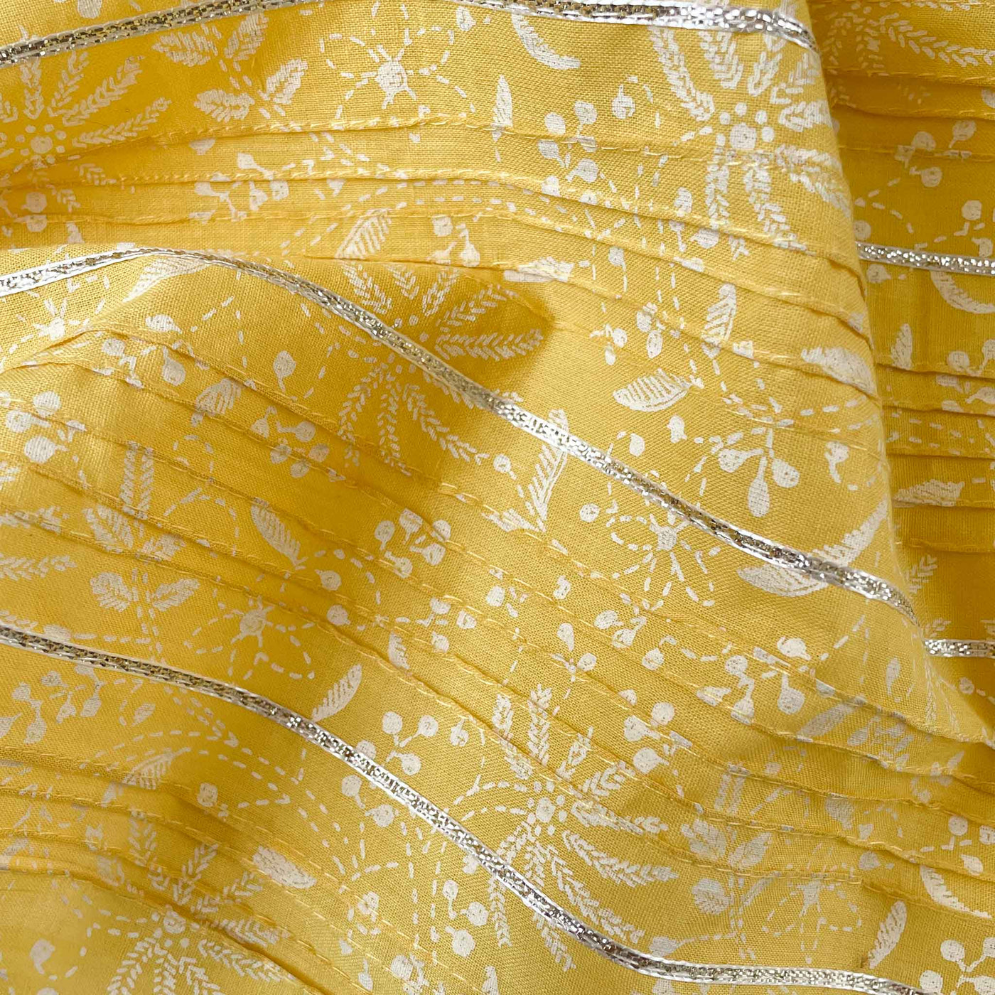 Fabric Pandit Fabric Yellow & White Floral Pintucks with Gota Patti Hand Block Printed Pure Cotton Fabric (Width 36 inches)