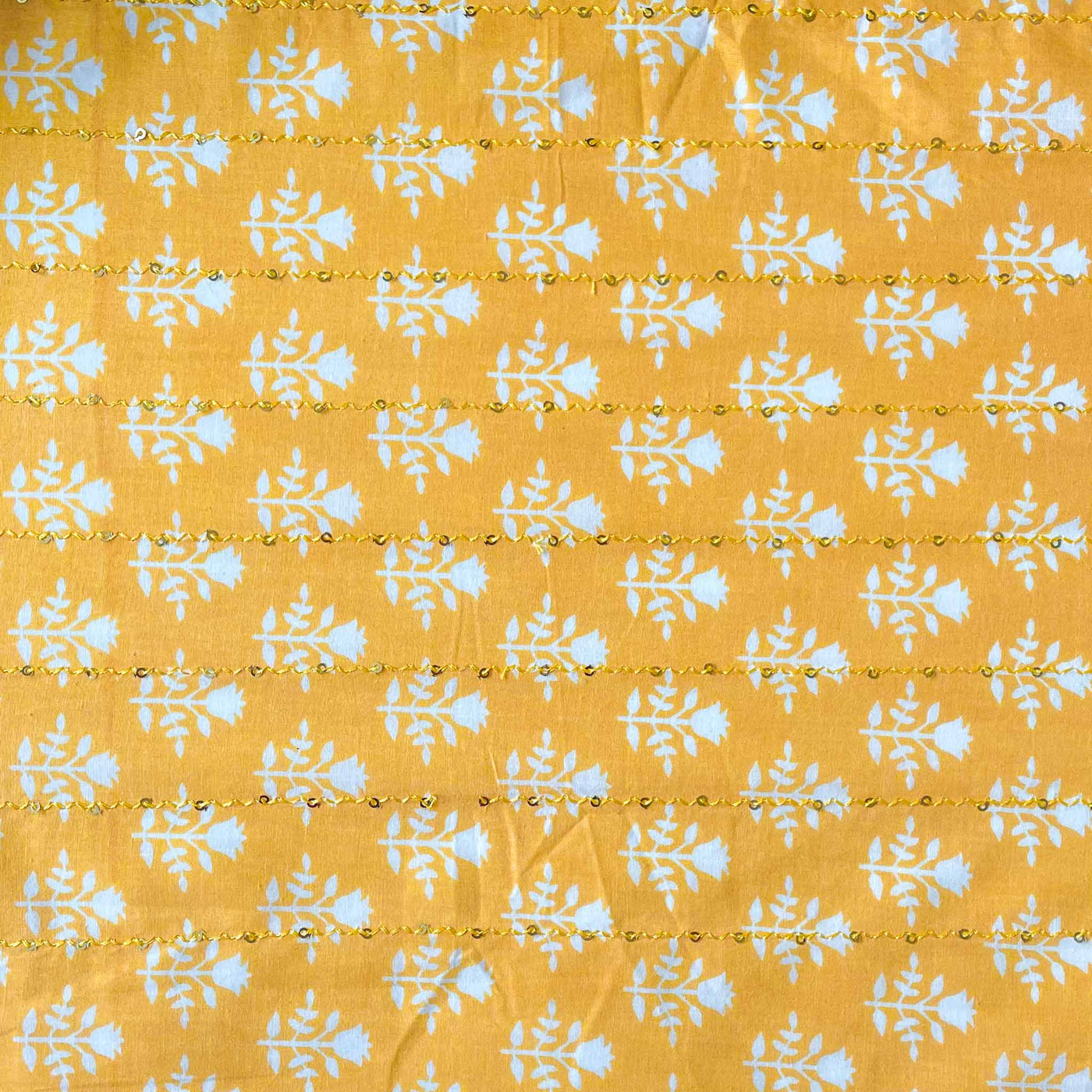 Fabric Pandit Fabric Yellow & White Royal Tulip Hand Block Printed Sequence Embroidered Pure Cotton Fabric (Width 42 Inches)