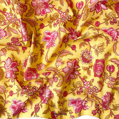 Fabric Pandit Kurta Set Bright Yellow & Pink Egyptian Flora | Hand Block Printed With Foil Pure Cotton Kurta Fabric (3 Meters) | and Cotton Pyjama (2.5 Meters) | Unstitched Combo Set