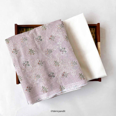 Fabric Pandit Kurta Set Dusty Pastel Pink & Green Daisies  | Printed & Embroidered Cotton Kurta Fabric (3 Meters) |  and Cotton Pyjama (2.5 Meters) | Unstitched Combo Set