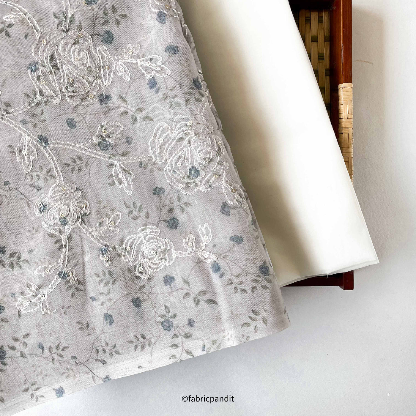 Fabric Pandit Kurta Set Light Grey & Blue Orchid Farm | Printed & Embroidered Cotton Kurta Fabric (3 Meters) |  and Cotton Pyjama (2.5 Meters) | Unstitched Combo Set