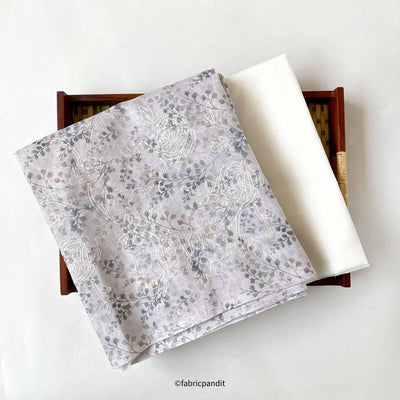 Fabric Pandit Kurta Set Light Grey Spring Pathway | Printed & Embroidered Cotton Kurta Fabric (3 Meters) |  and Cotton Pyjama (2.5 Meters) | Unstitched Combo Set