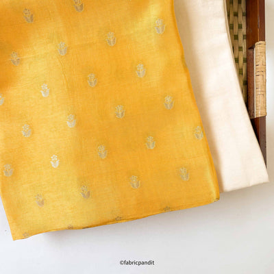Fabric Pandit Kurta Set Men's Indian Yellow Mini Daisies Cloth of Gold | Woven Pure Russian Silk Kurta Fabric (3.2 Meters) | and Cotton Pyjama (2.5 Meters) | Unstitched Combo Set