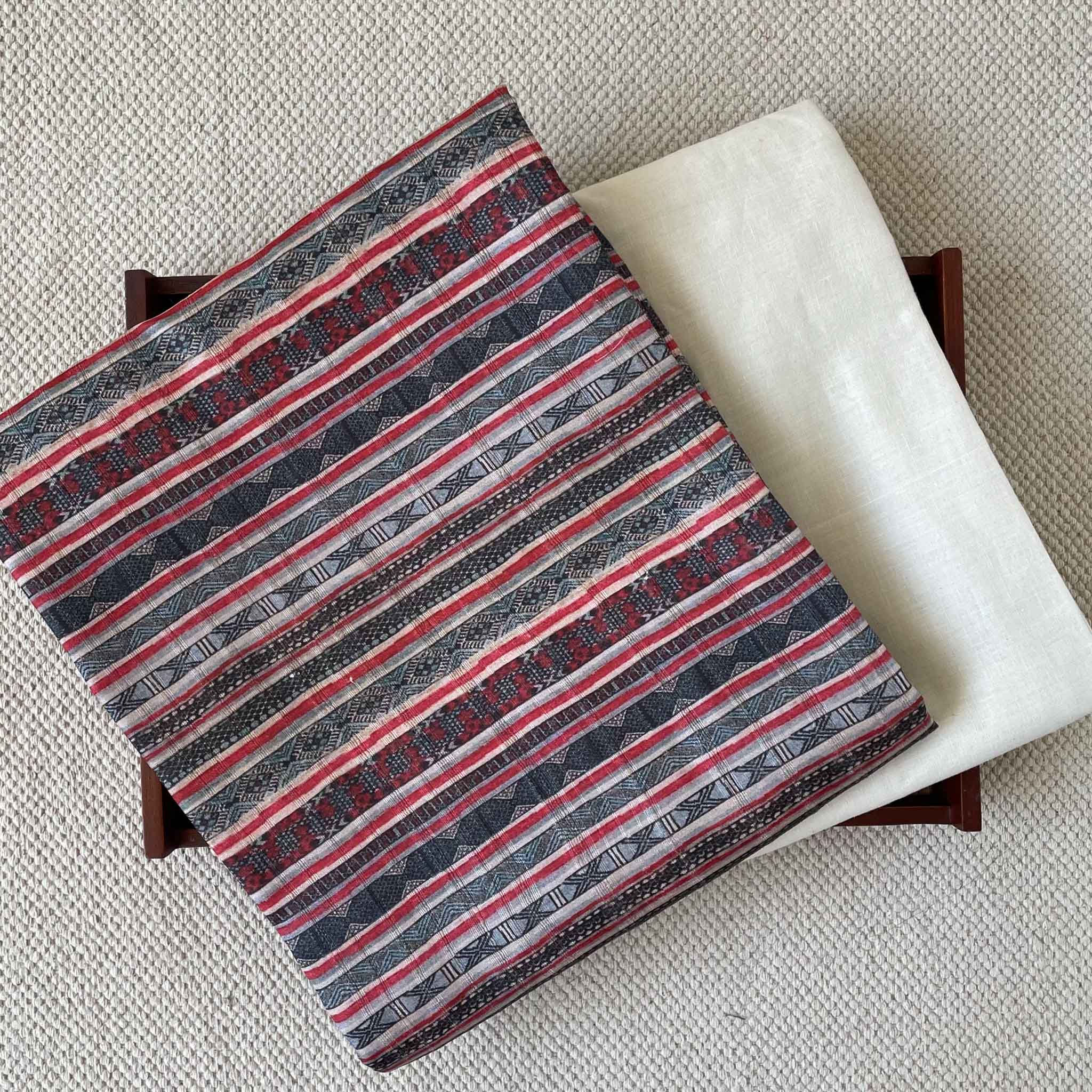 Fabric Pandit Kurta Set Men's Red & Black Digital Printed Unstitched Tussar Silk Kurta Fabric and Cotton Pyjama Combo Set