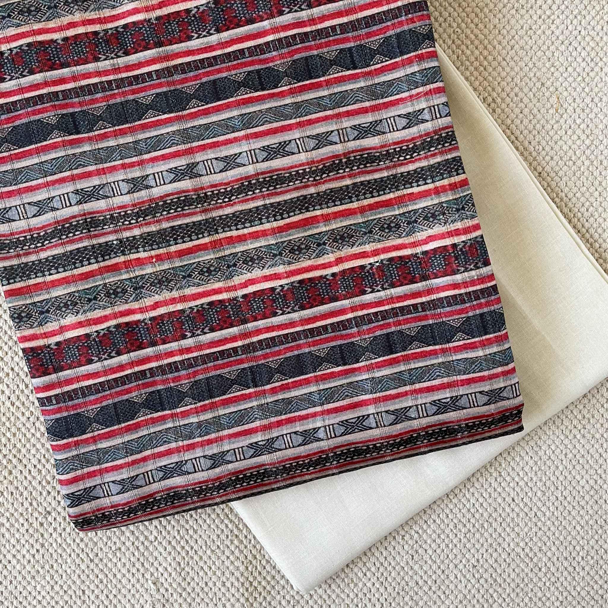 Fabric Pandit Kurta Set Men's Red & Black Digital Printed Unstitched Tussar Silk Kurta Fabric and Cotton Pyjama Combo Set