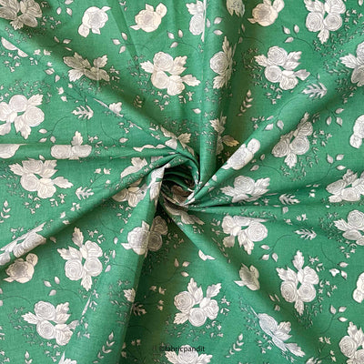 Fabric Pandit Kurta Set Olive Green & White Rose Bunch | Hand Block Printed Pure Cotton Kurta Fabric (3 Meters) | and Cotton Pyjama (2.5 Meters) | Unstitched Combo Set