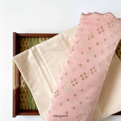 Fabric Pandit Kurta Set Rose Pink Bandhani In Gold | Organza Satin Kurta Fabric (3 Meters) | and Cotton Pyjama (2.5 Meters) | Unstitched Combo Set