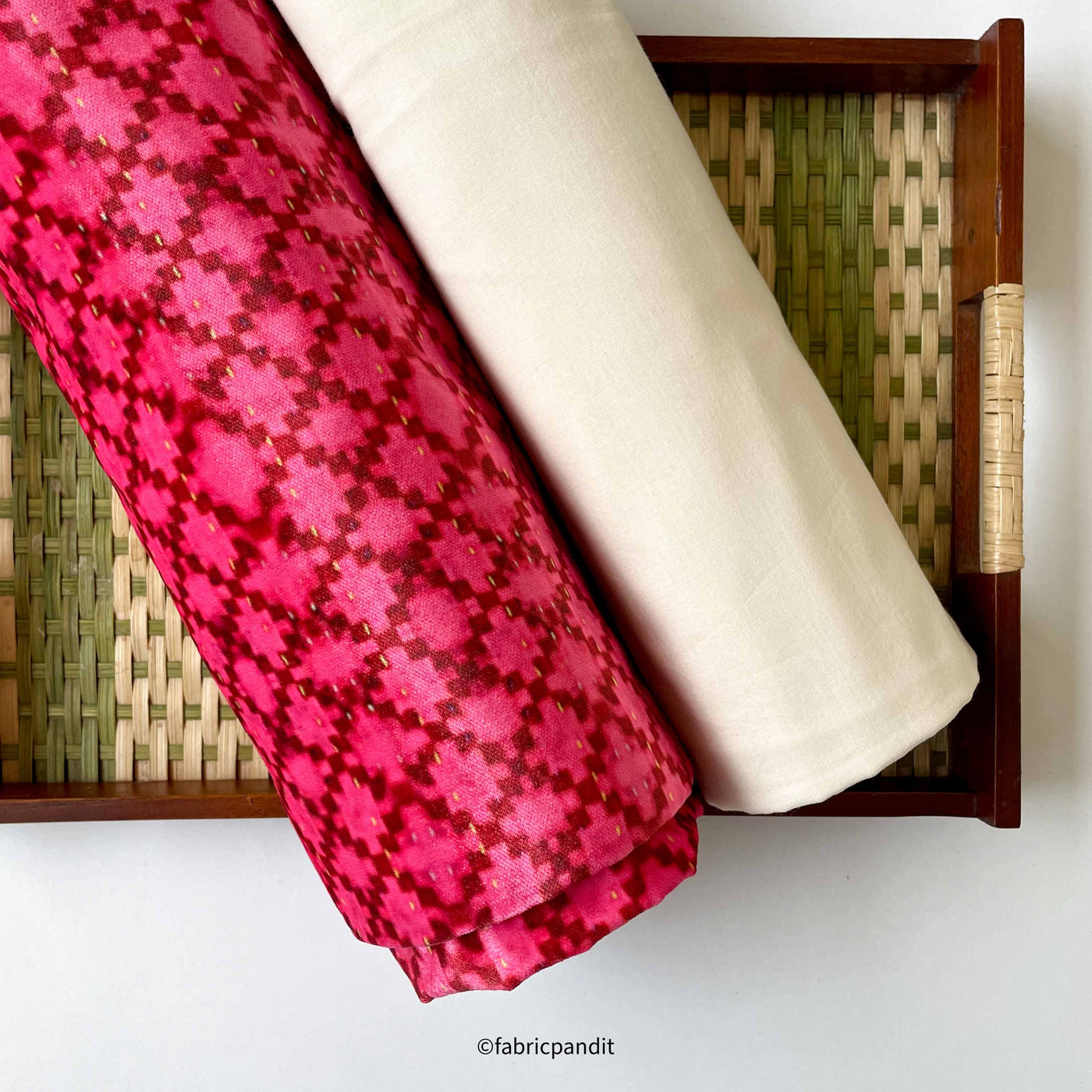 Fabric Pandit Kurta Set Ruby Pink Geometric Jaal All Over | Digital Printed Pure Velvet Kurta Fabric (2.5 Meters) | and Cotton Pyjama (2.5 Meters) | Unstitched Combo Set