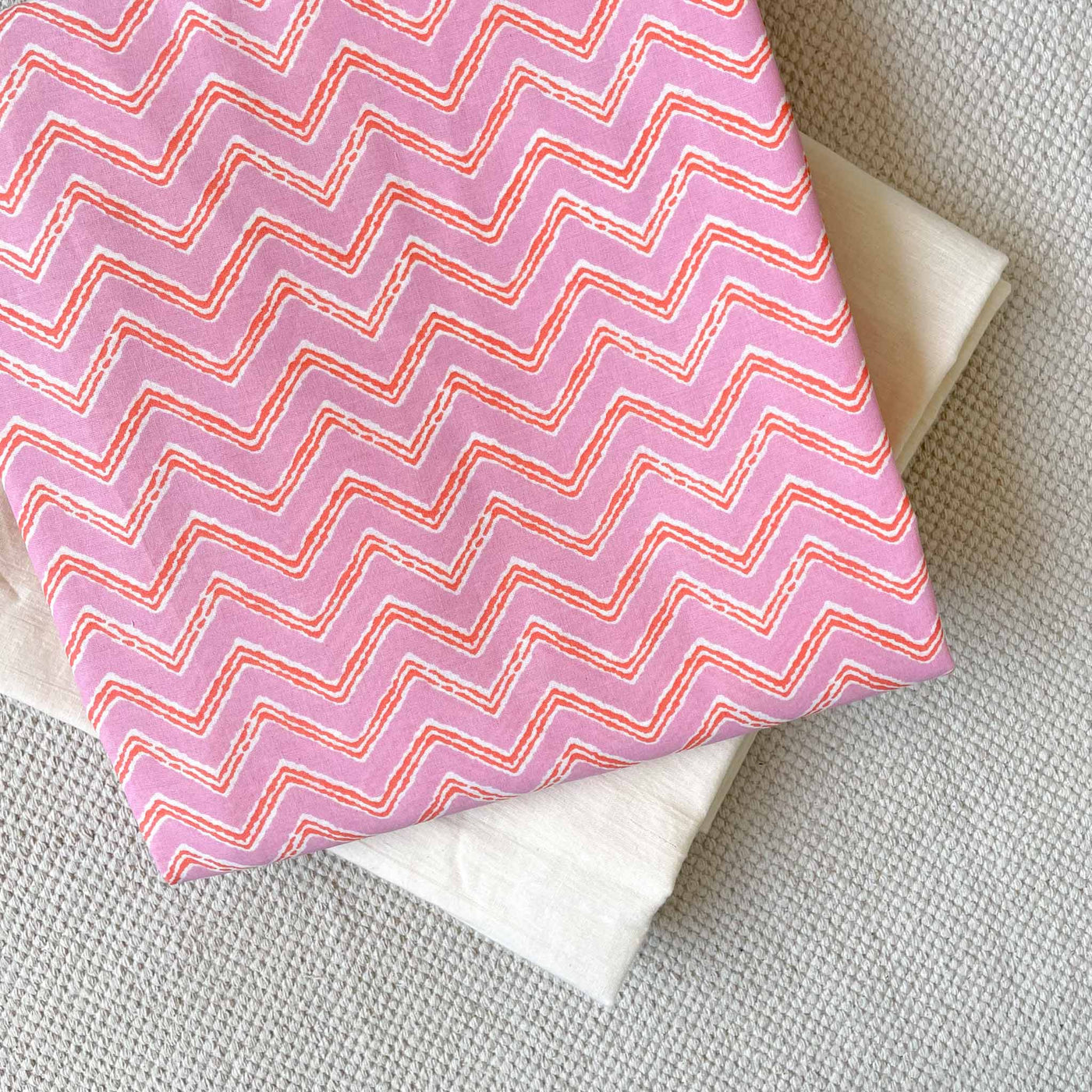 Fabric Pandit Kurta Set Unisex Light Pink And Orange Zig-Zag Pattern | Hand Block Printed Pure Cotton Kurta Fabric (2.5 Meters) | and Cotton Pyjama (2.5 Meters) | Unstitched Combo Set