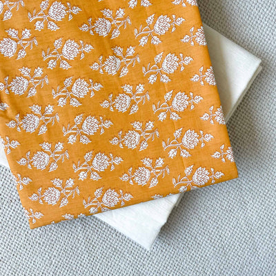 Fabric Pandit Kurta Set Unisex White And Rust Abstract Lotus Flower | Screen Printed Pure Cotton Kurta Fabric (2.5 Meters) | and Cotton Pyjama (2.5 Meters) | Unstitched Combo Set