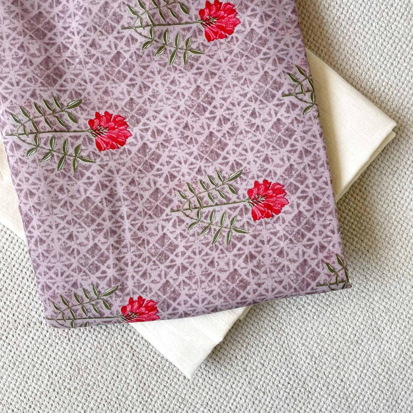 Fabric Pandit Kurta Set Women's Dusty Mauve & Red Carnations | Hand Block Printed Pure Muslin Kurta Fabric (2.5 Meters) | and Cotton Pyjama (2.5 Meters) | Unstitched Combo Set