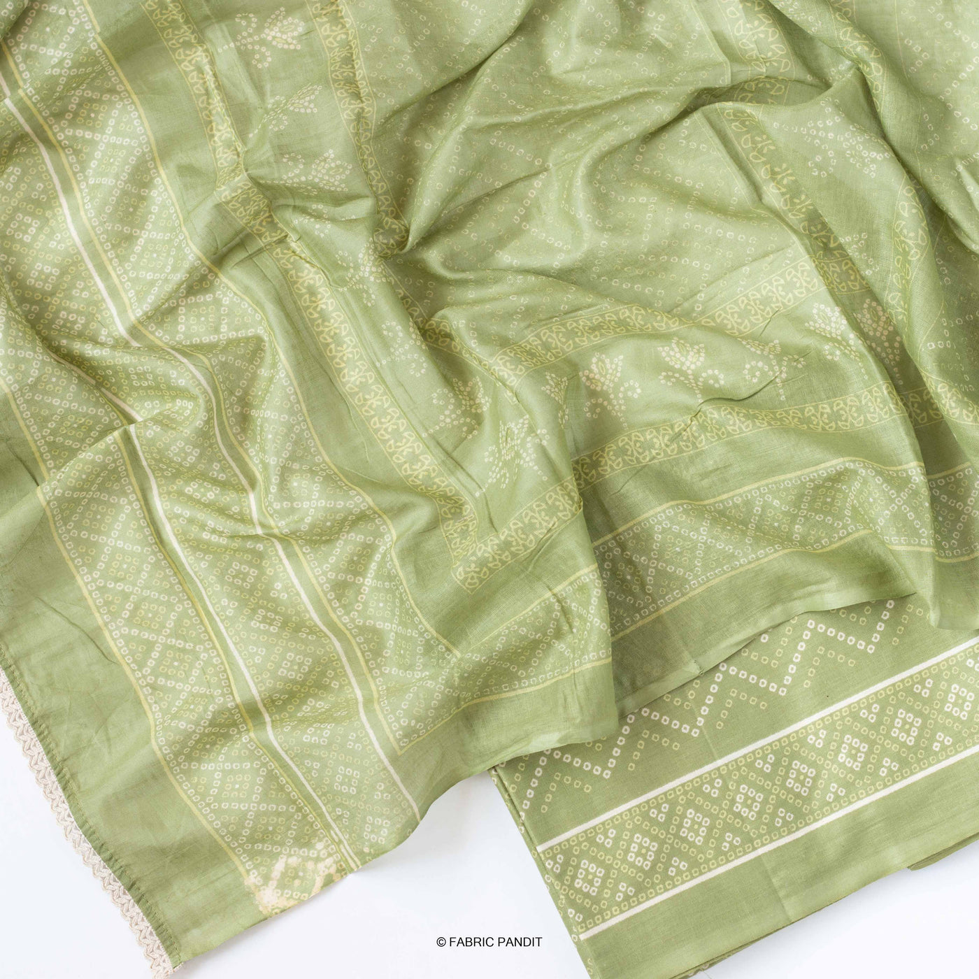Fabric Pandit Light Green Geometric Floral Earthen Bandhani print pure Cotton Santin Unstitched Suit