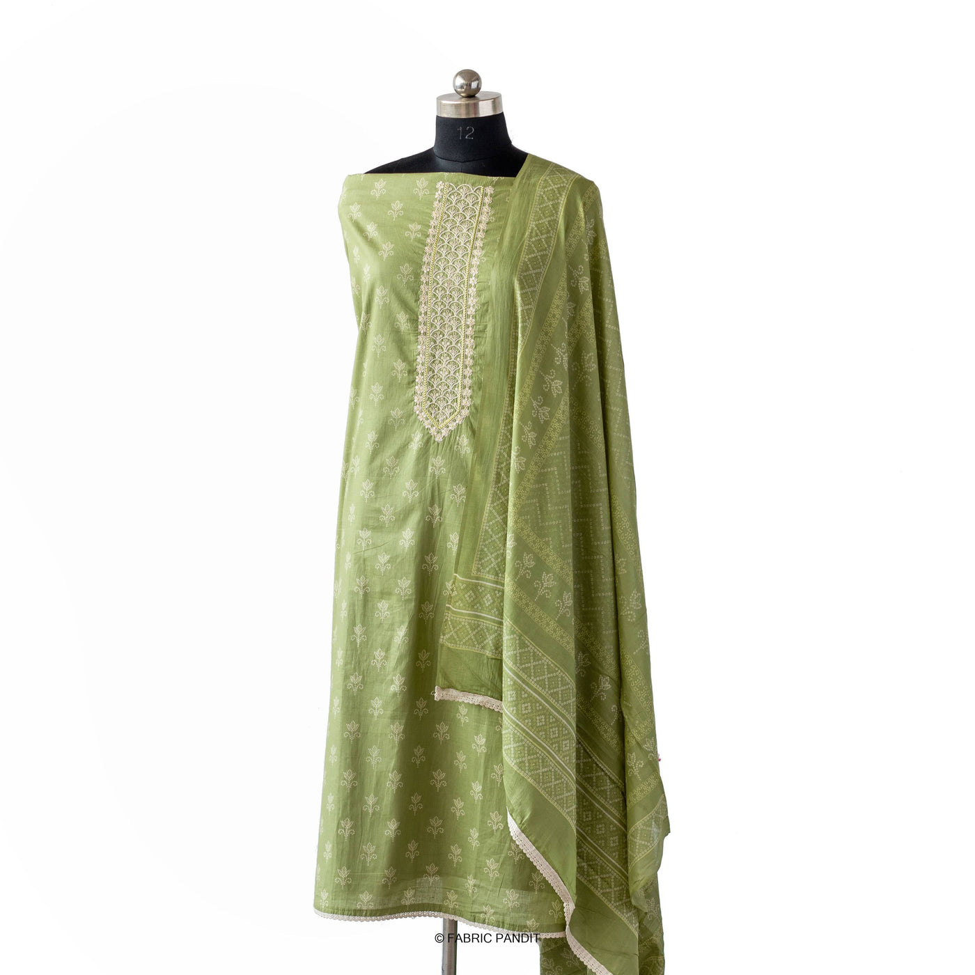 Fabric Pandit Light Green Geometric Floral Earthen Bandhani print pure Cotton Santin Unstitched Suit